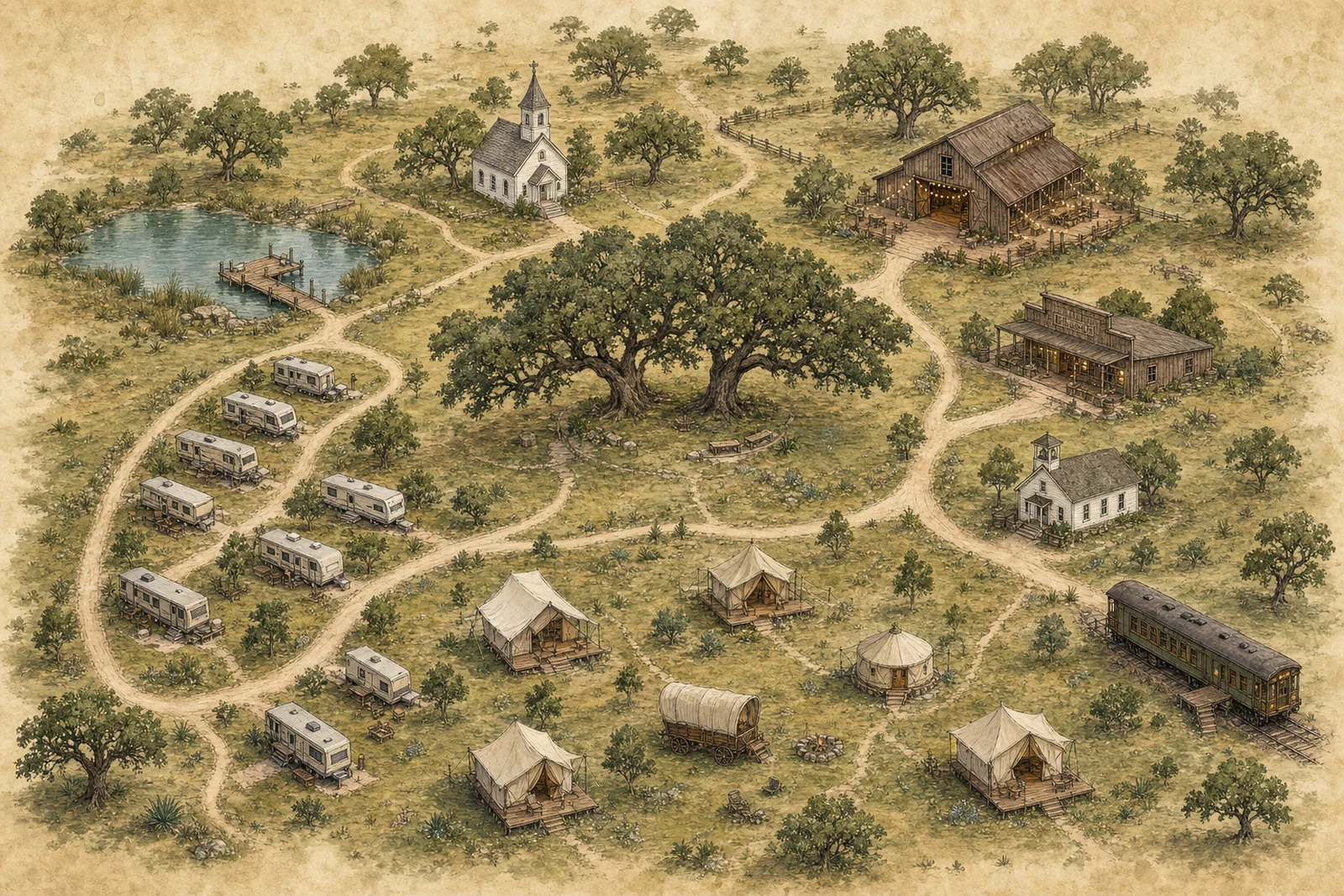 Illustrated map of Twin Oaks Resort showing the twin oaks, chapel, dance hall, general store, schoolhouse, pond, RV loop, wagons, yurts, tents, and the railcar